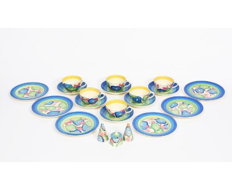 'Blue Chintz' a Clarice Cliff Bizarre tea set for six, comprising six Globe teacups, saucers and side plates, painted in colo