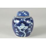 A CHINESE BLUE AND WHITE PORCELAIN PRUNUS JAR AND COVER, (cover repair), 14.5cm high.