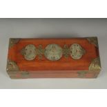A LATE 19TH - EARLY 20TH CENTURY CHINESE JADE MOUNTED HARDWOOD BOX, the hinged lid inset with