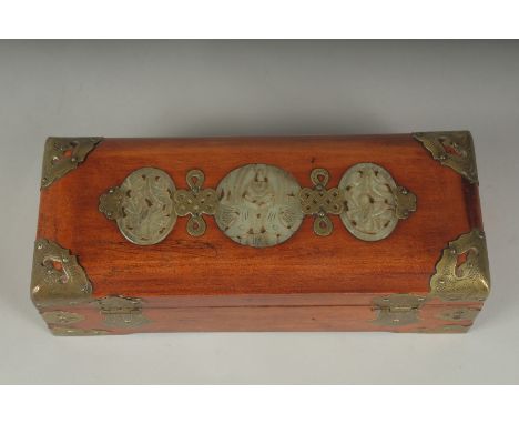 A LATE 19TH - EARLY 20TH CENTURY CHINESE JADE MOUNTED HARDWOOD BOX, the hinged lid inset with three carved and pierced jade r