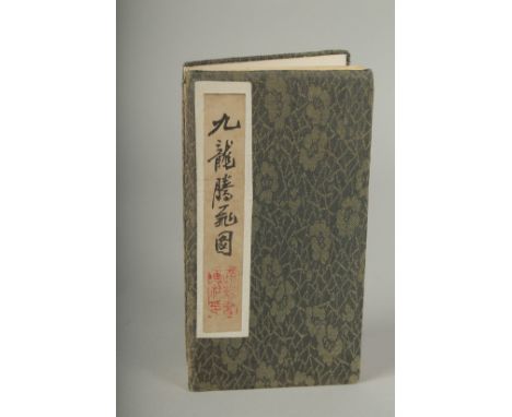 A CHINESE FOLD-OUT BOOK OF DRAGON PAINTINGS, inscription to the inner leaf with two red seal stamps, 18cm x 9.5cm.