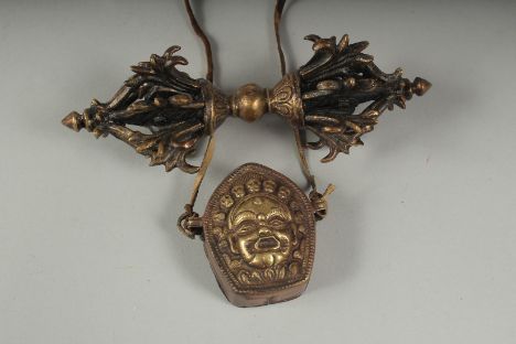 Early 20th C, China. Antique Small Tibetan Bells, A Pair of 2 Brass Pieces