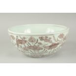 A CHINESE UNDERGLAZE RED AND WHITE PORCELAIN BOWL, painted with fish and algae, 27.5cm diameter.