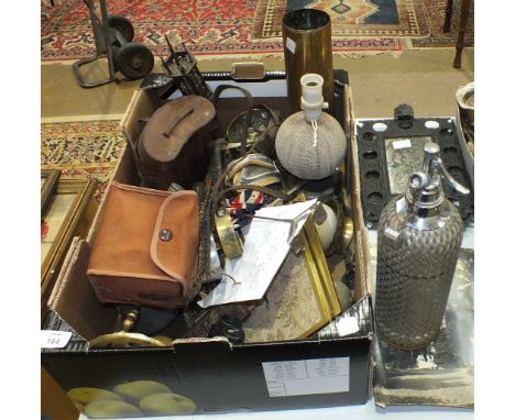 A brass coal box, a circular brass tray, a copper pan and cover, other brass, metal ware and miscellaneous items.