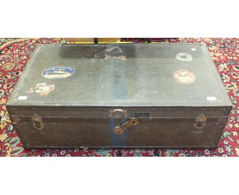 A metal cabin trunk by the Oshkosh Trunk Co. with internal tray, 103cm, applied with Cunard White Star Line label and other l