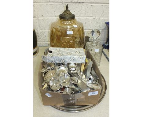 A quantity of plated cutlery, a glass hanging light fitting, various glassware, etc.