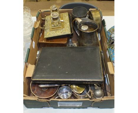 A cased set of six each silver-handled dessert knives and forks, two plated salvers, a brass embossed pen and ink tray with t