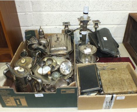 A four-piece plated tea service, a plated Corinthian column candlestick, (converted to table lamp), plated cutlery and other 