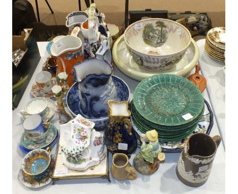 Six green leaf pattern side plates, 20cm diameter, two similar plates and other ceramics, including jugs, vases, cabinet cups