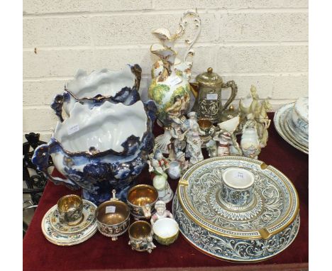 A modern Capodimonte large ash tray with central container, 30cm diameter, various modern figure ornaments and Continental ce