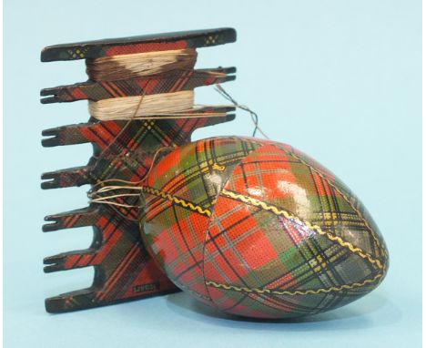 A Tartanware egg-shaped spool box, (McLean), 5cm, a comb-shaped thread winder, (Stuart), 5cm, two papier-mâché snuff boxes an