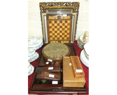 A carved wooden gilt-framed rectangular wall mirror, 48 x 41cm, one other mirror, an inlaid frame circular foot stool, (a/f),