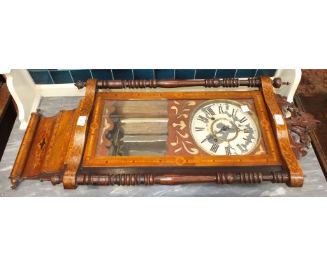 An inlaid stained wood case striking wall clock, (a/f, paint flaking from dial), 94cm high.