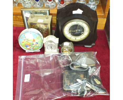 A Smiths Bakelite-cased striking mantel clock, 18.5cm high, a vintage Smiths Timecal 'Noddy' alarm clock, four other small cl
