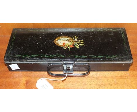 A Roberson & Co. japanned metal artist's paint box, the hinged lid opening to reveal a wooden hinged pallet, liftable tray fo