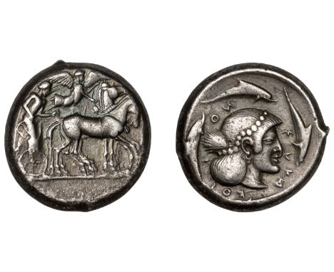 SICILY, Syracuse, Deinomenid Tyranny, Tetradrachm, 475-470, charioteer driving slow quadriga right, Nike flying above crownin
