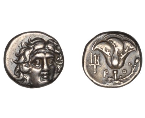 RHODOS, Rhodes, Drachm, c. 200 BC, struck under uncertain magistrate, head of Helios facing, rev. rose, trident to left, 2.58