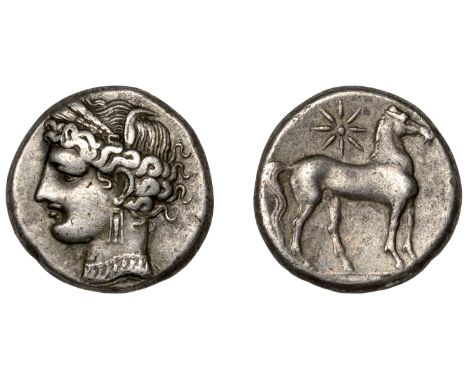 ZEUGITANIA, Carthage, Dishekel, 255-241 (during the first Punic war), head of Tanit-Kore left, wearing wreath of grain, tripl