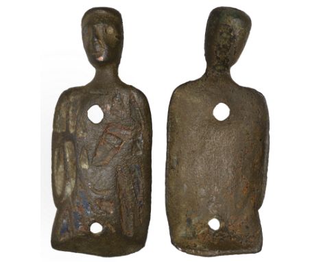 Medieval, a 12th century gilt-brass Limoges mount of a saint, 60mm high by 25mm wide, head and body of a draped male figure w