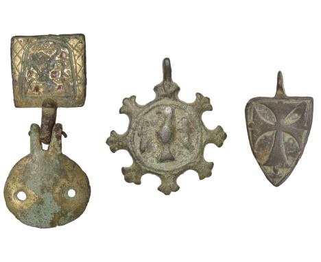 13th-14th century, horse pendants (3), gilt pendant and holder decorated with three crowns with red enamel (arms of Bury St E