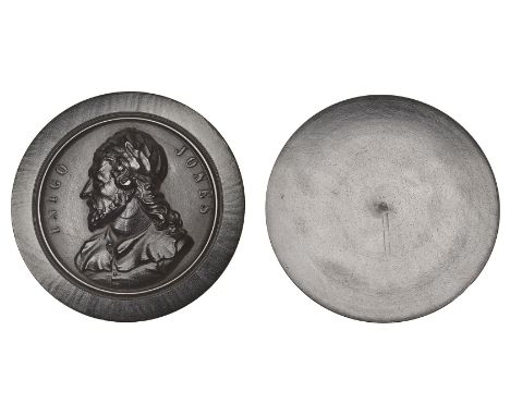 Inigo Jones, a uniface mahogany portrait roundel, unsigned [after C.F. Carter], undated, capped and draped bust left, 63mm. A