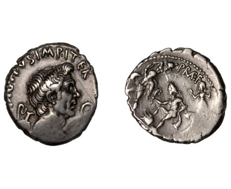 Roman Imperatorial Coinage, Sextus Pompeius, Denarius, Sicily, 42-36, bust of Pompey the Great right, jug to left and lituus 