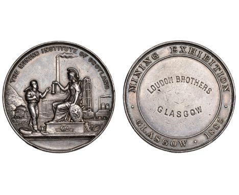 Glasgow, Mining Exhibition, 1885, a silver award medal by D. Cunninghame, Scotia seated left, handing lamp to miner, rev. nam