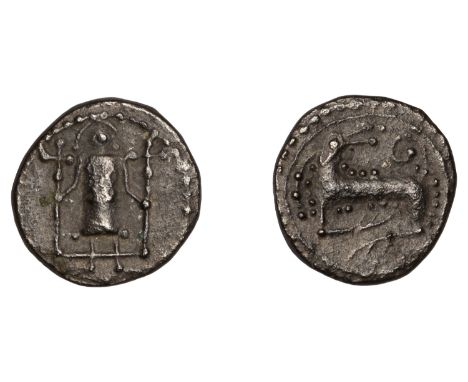 Early Anglo-Saxon Period, Sceatta, Secondary series K/N, type 15/41, standing figure holding long cross pommée in each hand, 