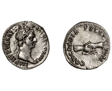 Roman Imperial Coinage, Nerva, Denarius, 96, laureate bust right, rev. concordia exercitvvm, clasped hands, 3.10g (RIC 2; RSC