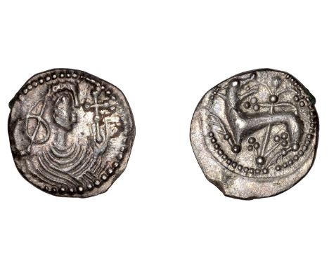 Early Anglo-Saxon Period, Sceatta, Secondary series K, type 42, draped bust right, hair knotted behind, holding flower, rev. 