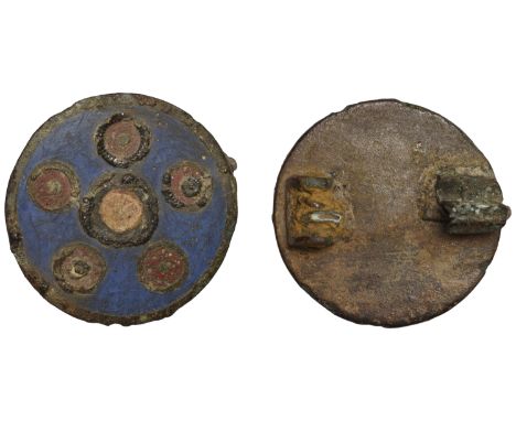 Romano-British, enamelled disc brooch, early 3rd century, 31mm diameter, with a blue enamel field and five equally spaced dis