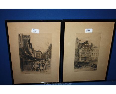 Two framed English Etchings; Butchers Row Coventry by Gaspard Satan and The Crosby Building by A. M. Williams