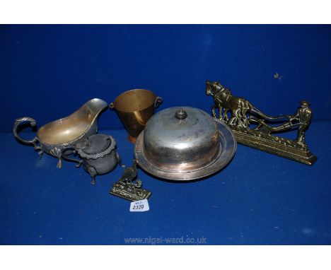 A plated muffin dish for Harrods, sauce boat, inkwell, brass doorstep, miniature pail, etc