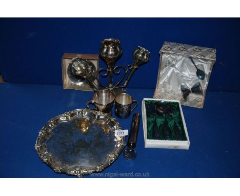 A quantity of plated items including epergne, christening knife, fork and spoon, egg cup and spoon, bud vase, etc.