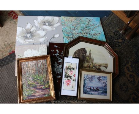 A quantity of pictures to include Oil on board of Woodland Scene, Hunting Print, Oriental flowers, modern canvases, etc