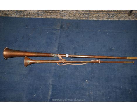 Two Copper Hunting Horns