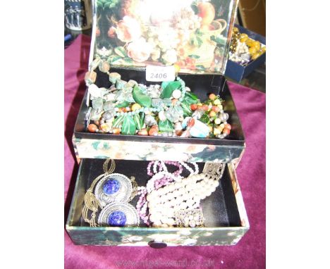 A Jewellery Box with miscellaneous vintage jewellery, bakelite fruit necklace, scarab necklace, etc.