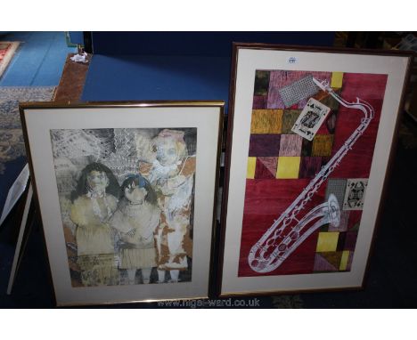 A framed and mounted mixed Media picture depicting three figures signed Fiona Thompson dated 1981 together with another mixed