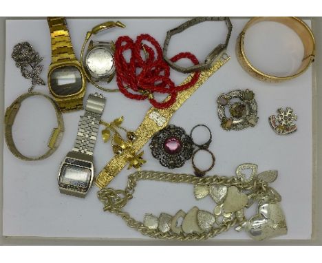 Jewellery including a metal core bangle and wristwatches including Tissot and Mudu