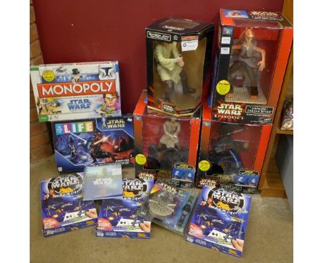 Star Wars items including Monopoly, three Stick n Lift play sets, two talking banks including Darth Maul, two Qui-Con Jinn, o