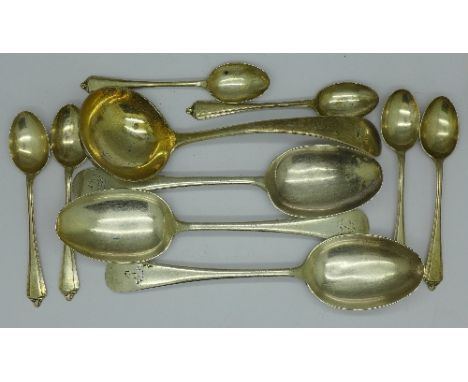 Six silver tea spoons, three other silver spoons and a silver ladle, 305g