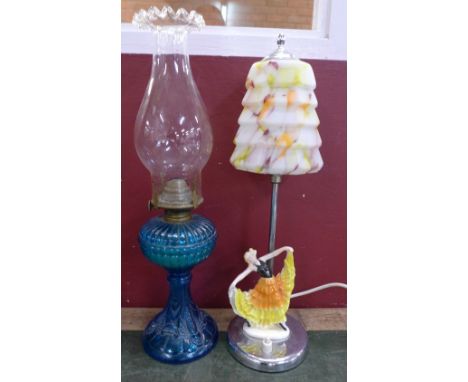 An Art Deco table lamp and a blue glass oil lamp (2)