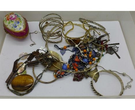 A silver bangle, other silver jewellery and costume jewellery and a Limoges trinket box