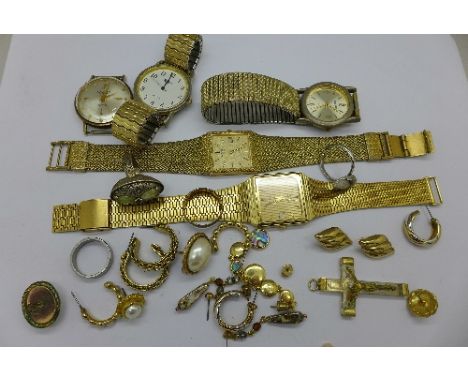 Two Rotary wristwatches, earrings, etc., including a pair of yellow metal earrings, 0.7g