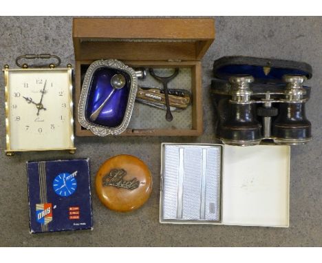 A pair of opera glasses, a studs circular box, cigarette case, Victorian box, pocket knife, clock, etc.