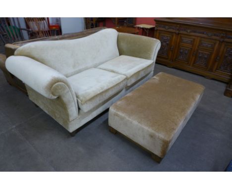 A John Sankey fabric upholstered settee and matching pouffe 