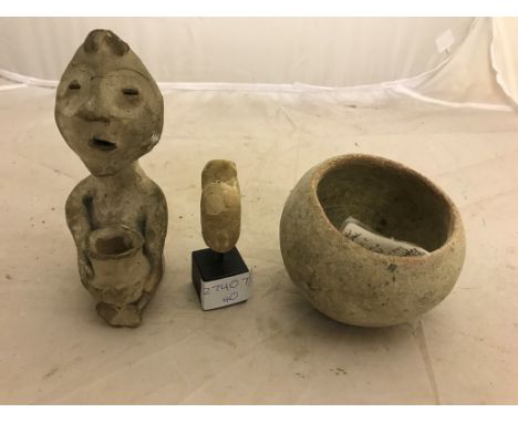 South American ancient items to inc Mayan bowl, Seated figure holding a bowl and a mounted terracotta head.