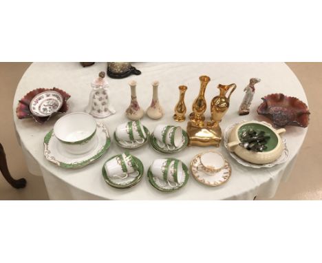A mixed lot of ceramics to inc a two-handled Clarice Cliff bowl, a Doulton figure, a tea service, cup and saucer, a figure of