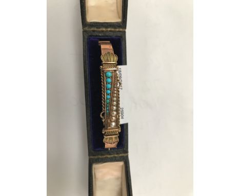 A gold bangle set with pearls and turquoise - in fitted case