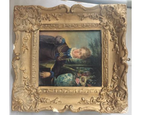 An oil on panel portrait of a lady with jewellery & lace collar, 14 x 14 cm